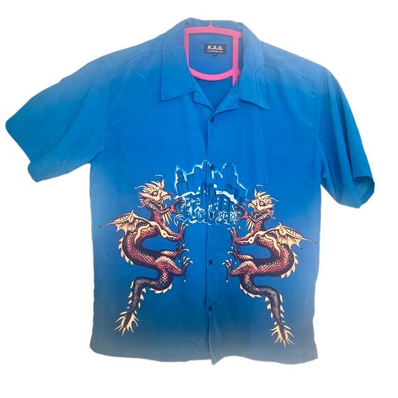 Y2K‎ KAD Clothing Twin Dragons Print Button Down Short Sleeve Shirt, Size XL - Picture 1 of 9